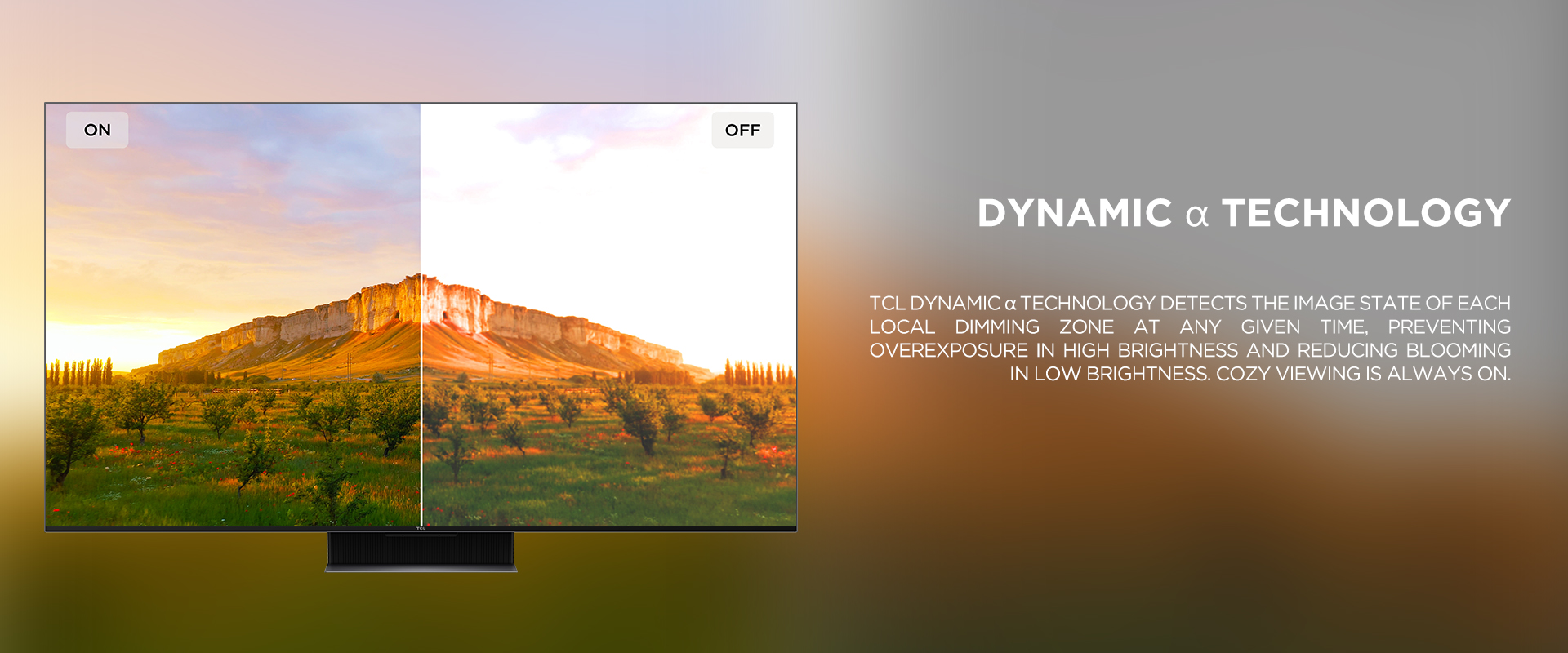 Dynamic α Technology - TCL Dynamic α Technology detects the image state of each local dimming zone at any given time, preventing overexposure in high brightness and reducing blooming in low brightness. Cozy Viewing is always on.
